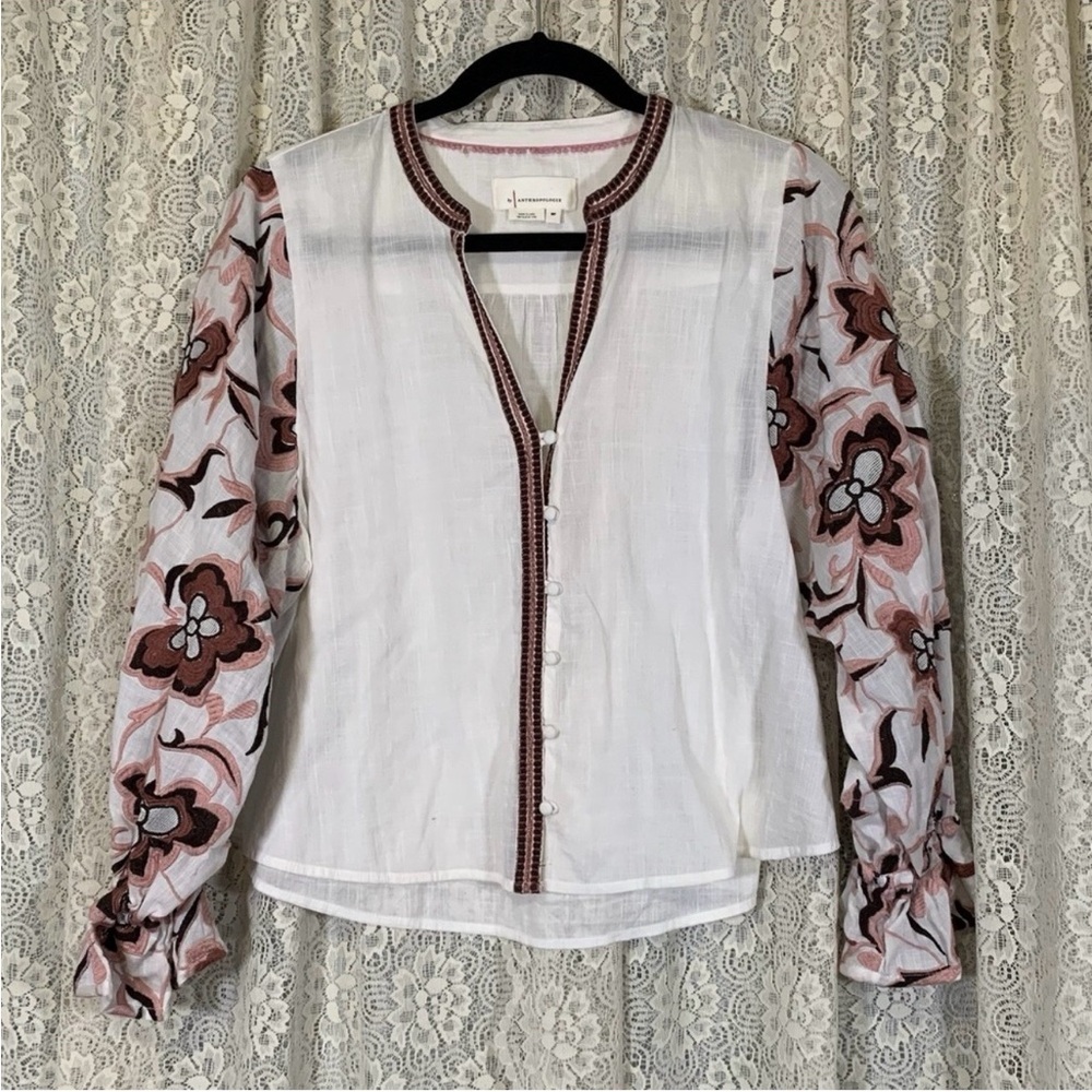 Anthropologie White Blouse with Brown Trim